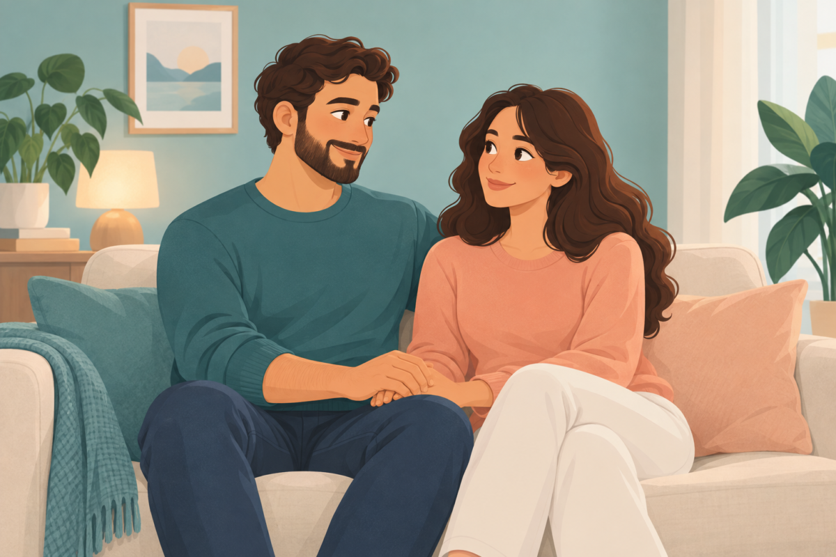 دو بزرگسال کارتونی نشسته کنار هم و در حال گرفتن دست یکدیگر